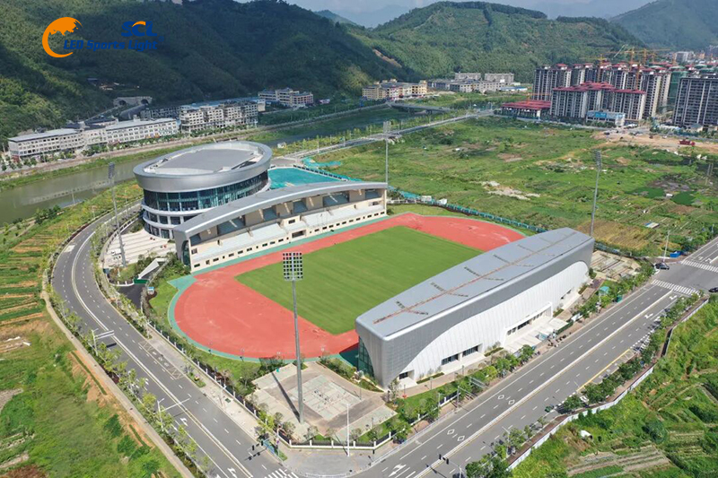 Aerial view of athletics track and football field at Zhenghe Lijunbo Sports Center