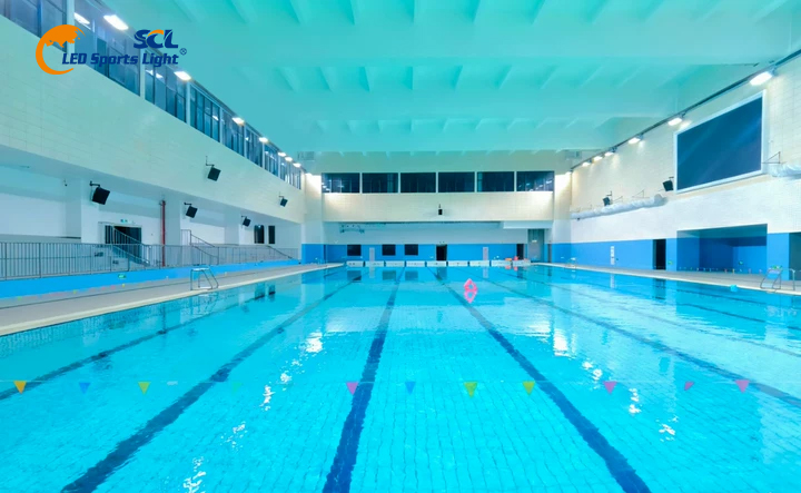 Indoor swimming pool lighting system with anti-glare LED sports lighting
