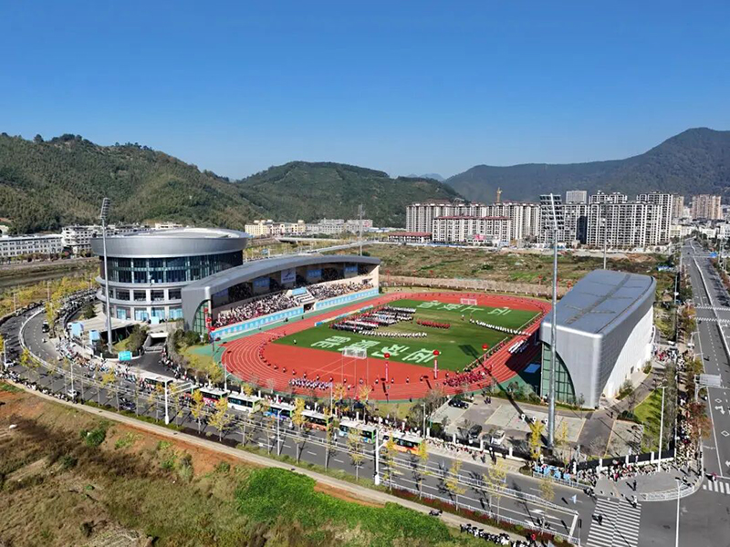 Aerial view of athletics track and football field at Zhenghe Lijunbo Sports Center